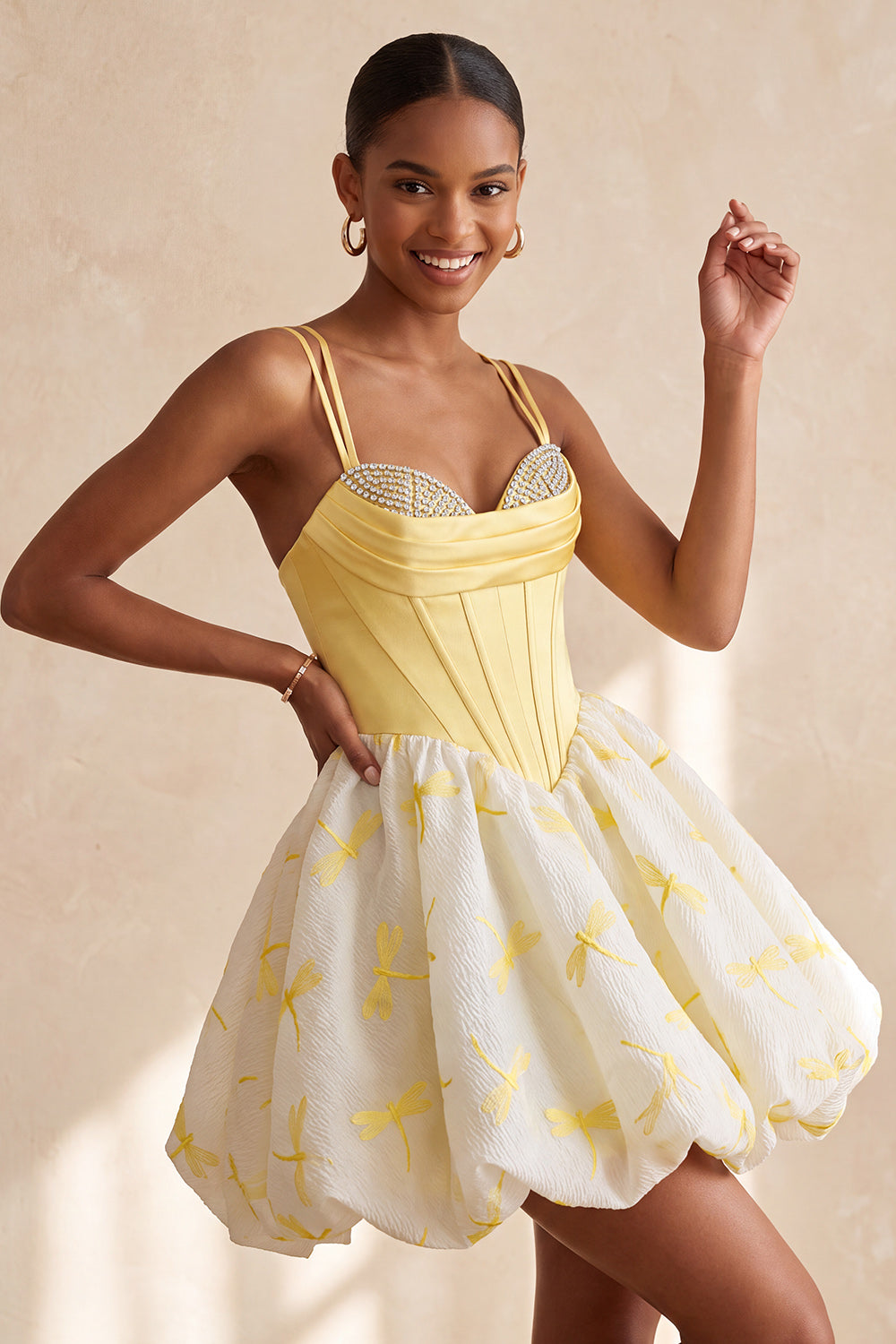 Yellow Bubble Dragonfly Printed A Line Beaded Short Corset Birthday Dress