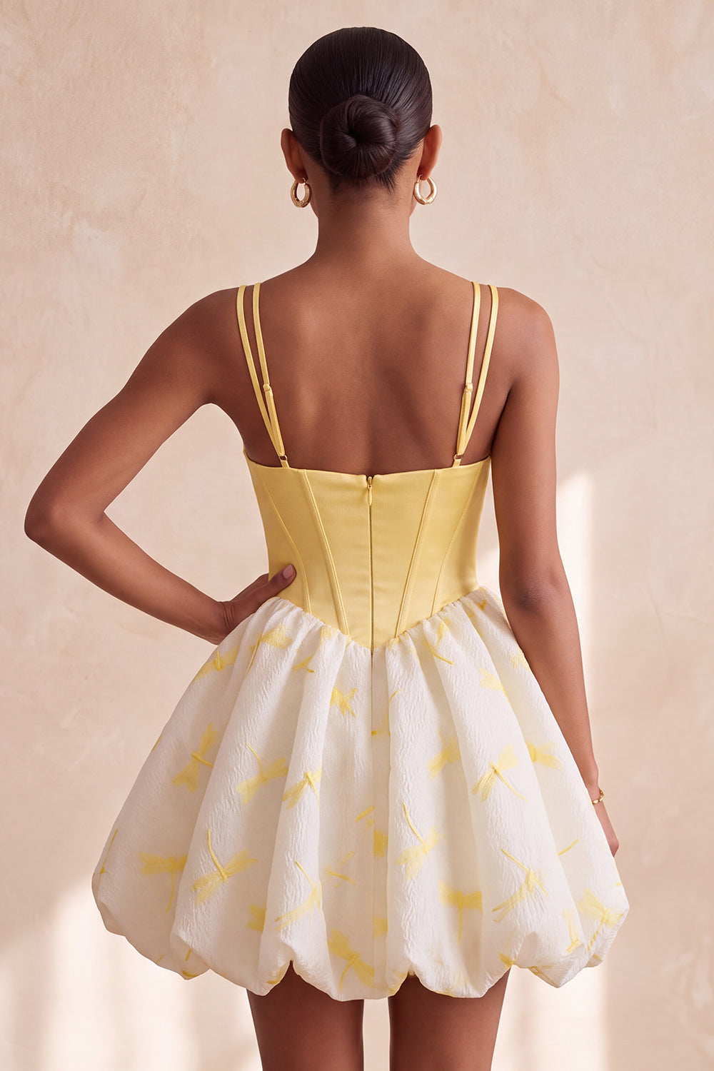 Yellow Bubble Dragonfly Printed A Line Beaded Short Corset Birthday Dress