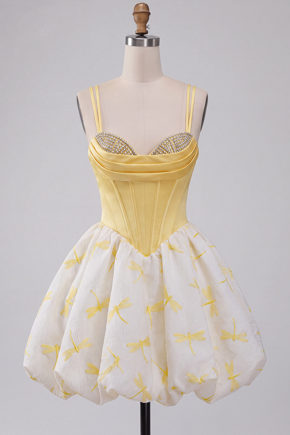 Yellow Bubble Dragonfly Printed A Line Beaded Short Corset Birthday Dress