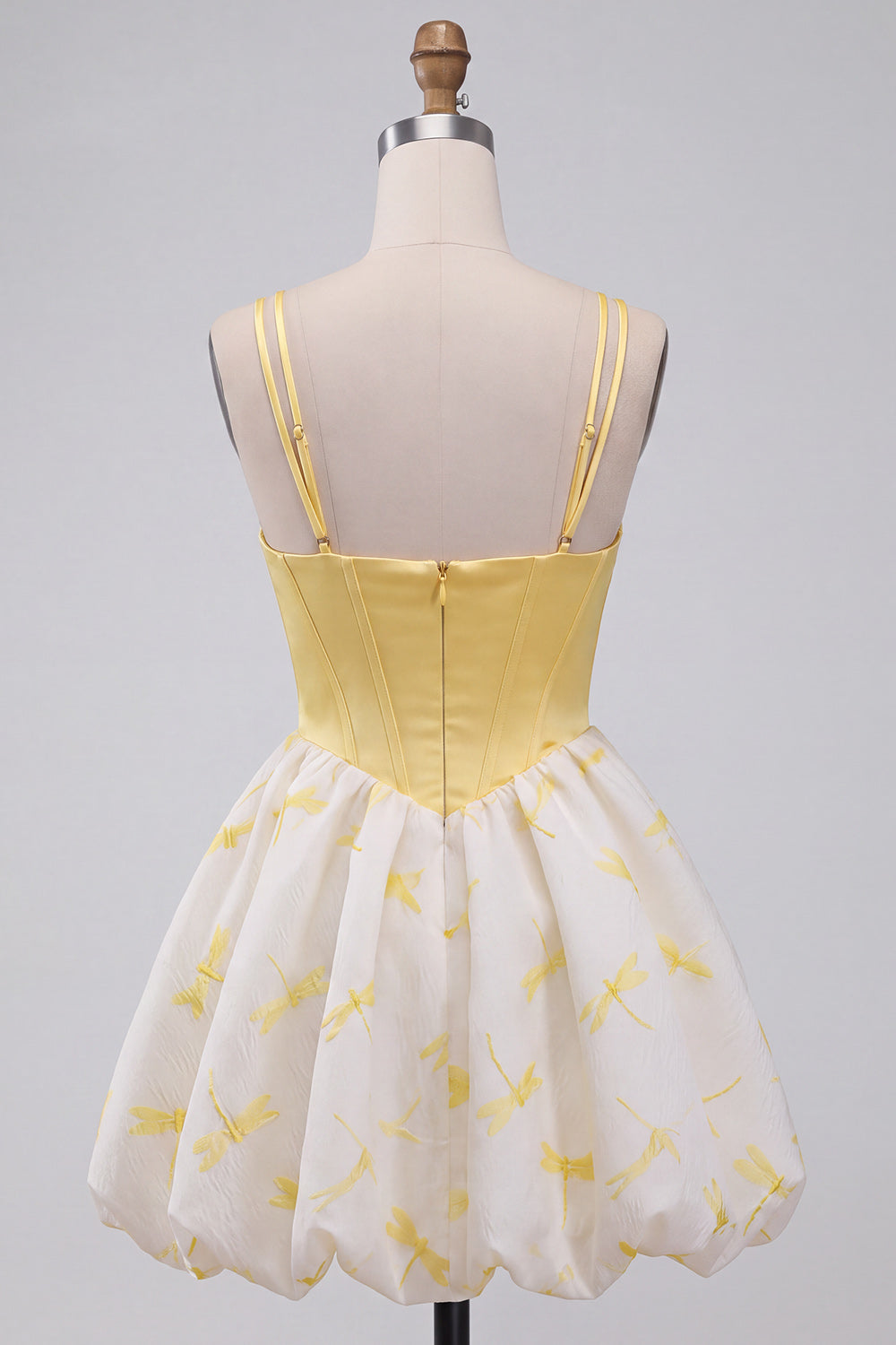 Yellow Bubble Dragonfly Printed A Line Beaded Short Corset Birthday Dress