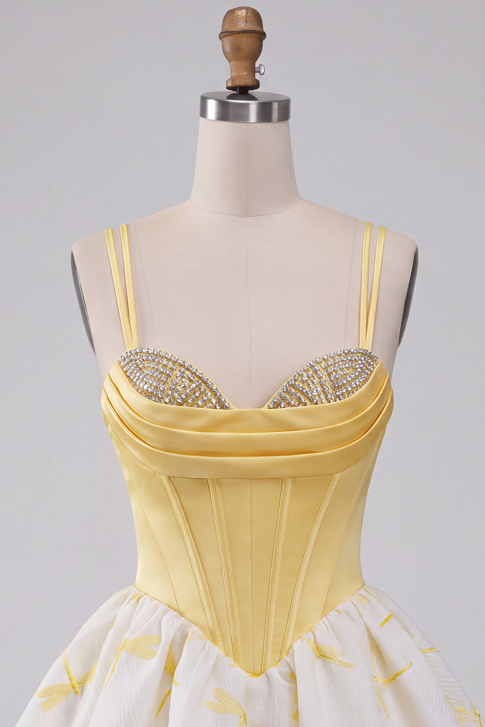 Yellow Bubble Dragonfly Printed A Line Beaded Short Corset Birthday Dress