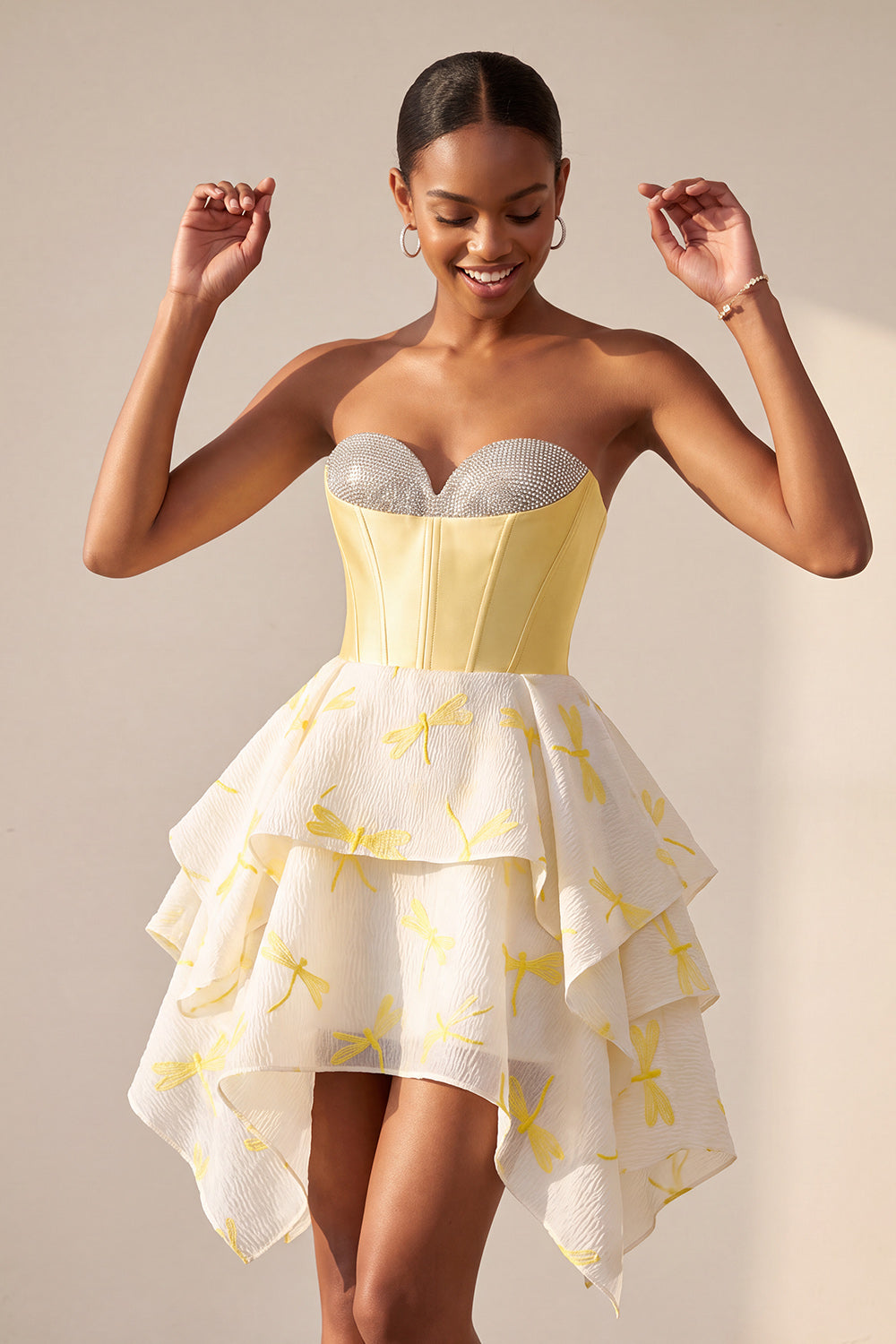 Yellow Dragonfly Printed Sweetheart Beaded Short Corset Homecoming Dress