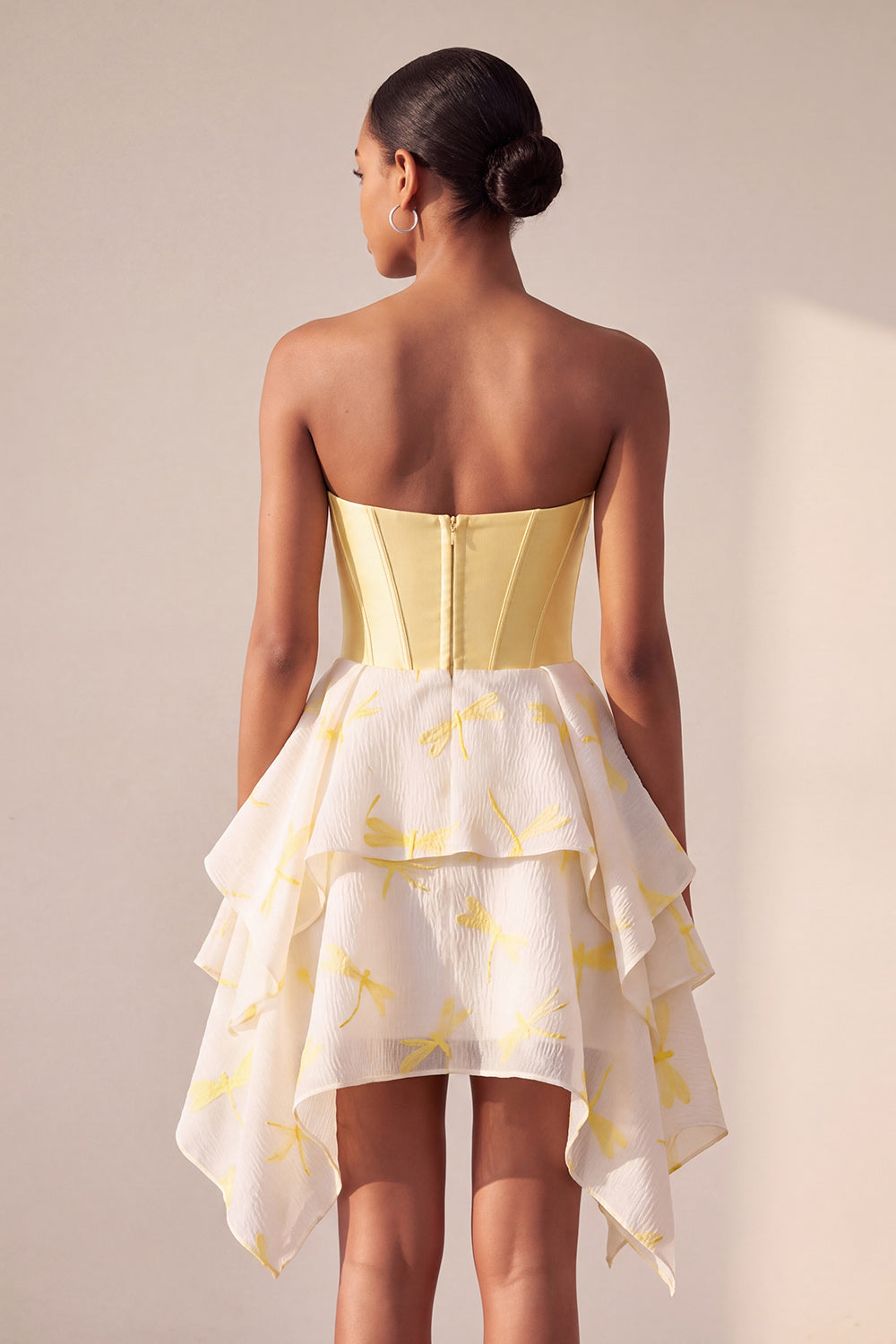 Yellow Dragonfly Printed Sweetheart Beaded Short Corset Homecoming Dress
