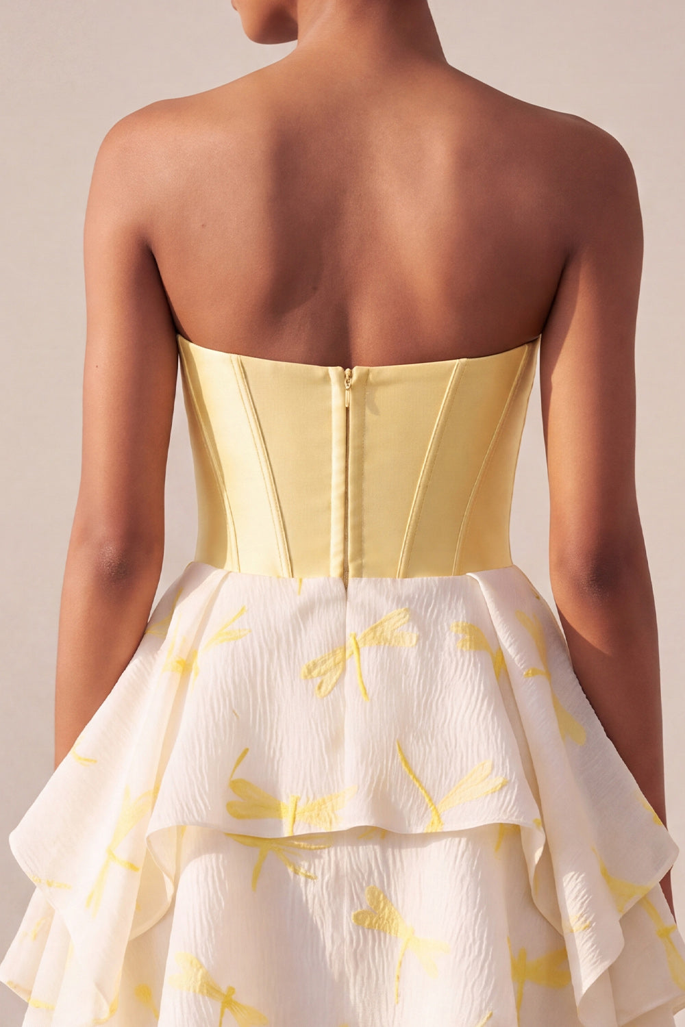 Yellow Dragonfly Printed Sweetheart Beaded Short Corset Homecoming Dress
