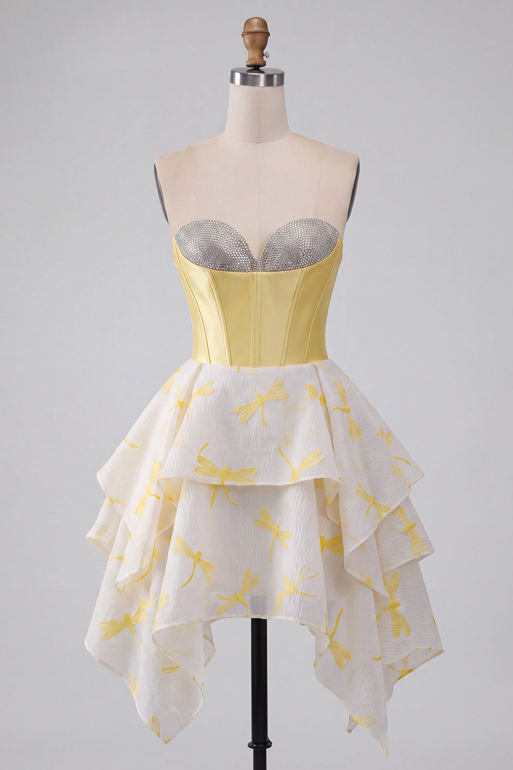 Yellow Dragonfly Printed Sweetheart Beaded Short Corset Homecoming Dress