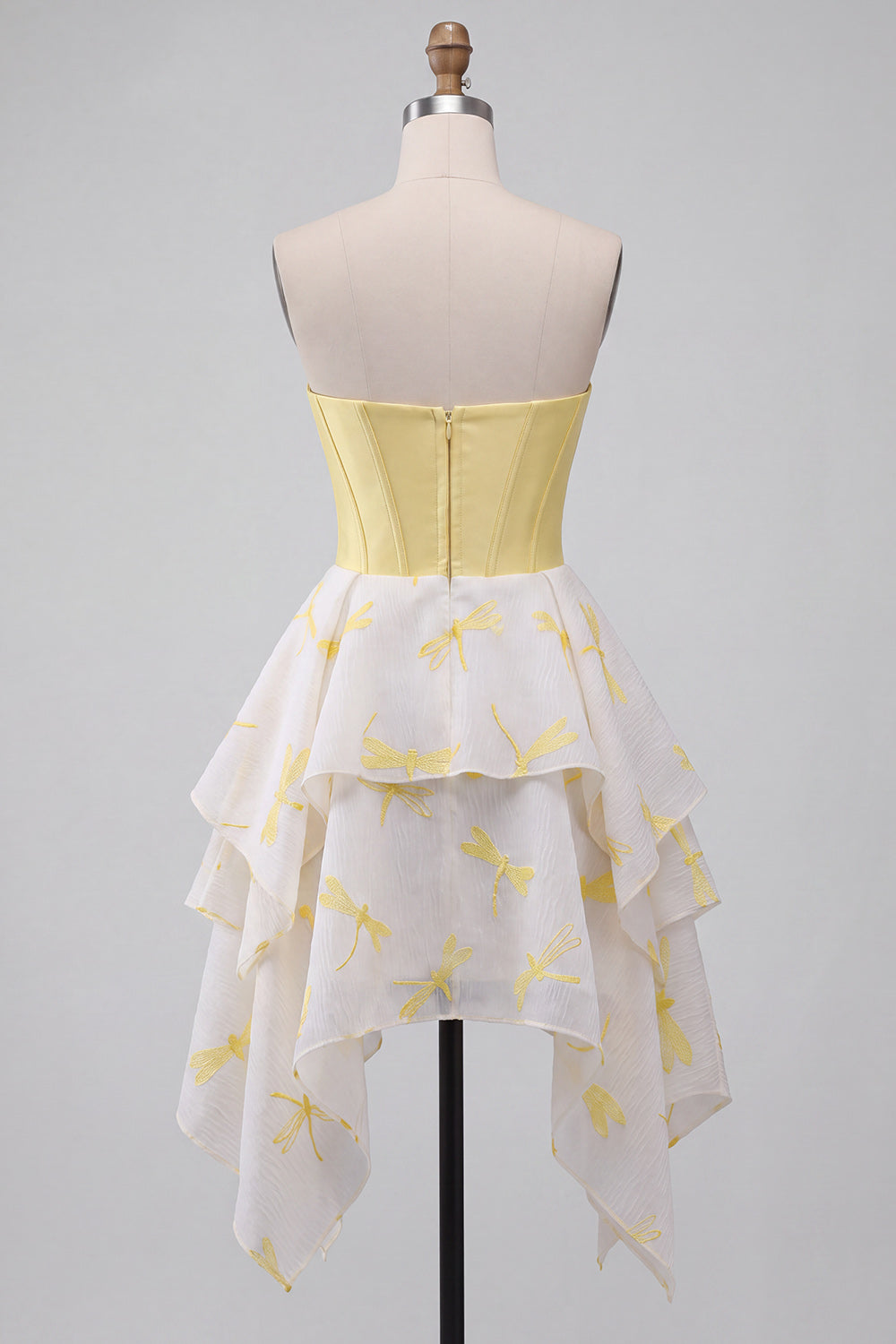 Yellow Dragonfly Printed Sweetheart Beaded Short Corset Homecoming Dress