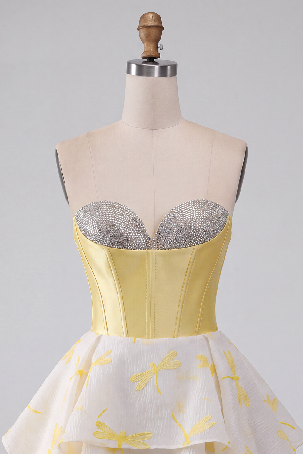 Yellow Dragonfly Printed Sweetheart Beaded Short Corset Homecoming Dress