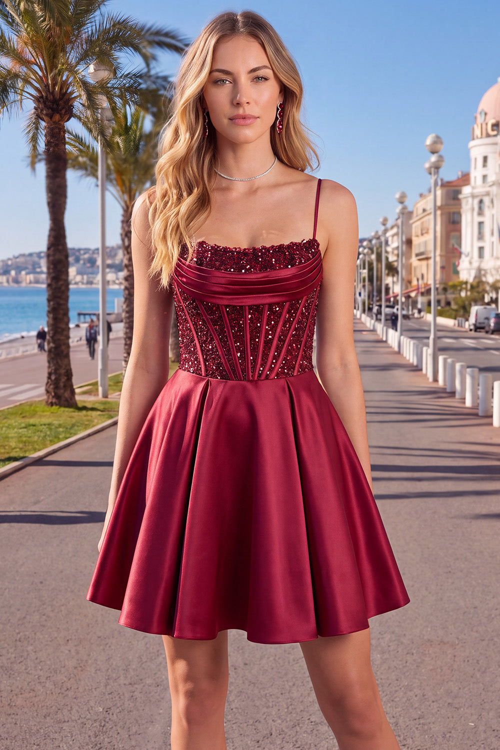 Burgundy Corset Sequins A-Line Spaghetti Straps Short Birthday Dress
