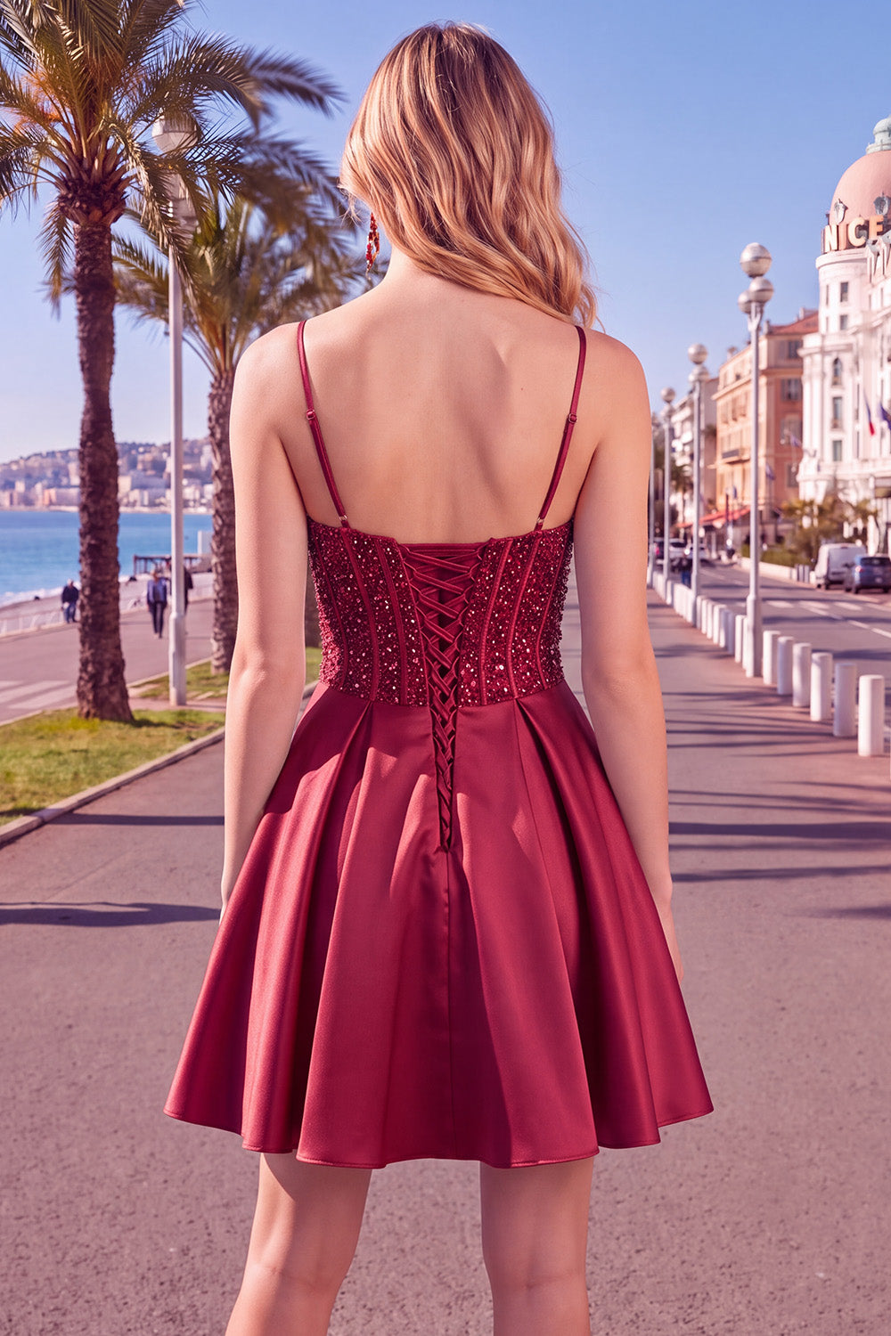 Burgundy Corset Sequins A-Line Spaghetti Straps Short Birthday Dress