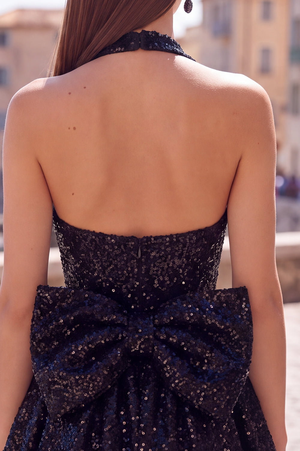 Blue Sparkly Halter A Line Sequin Short Birthday Dress with Bow