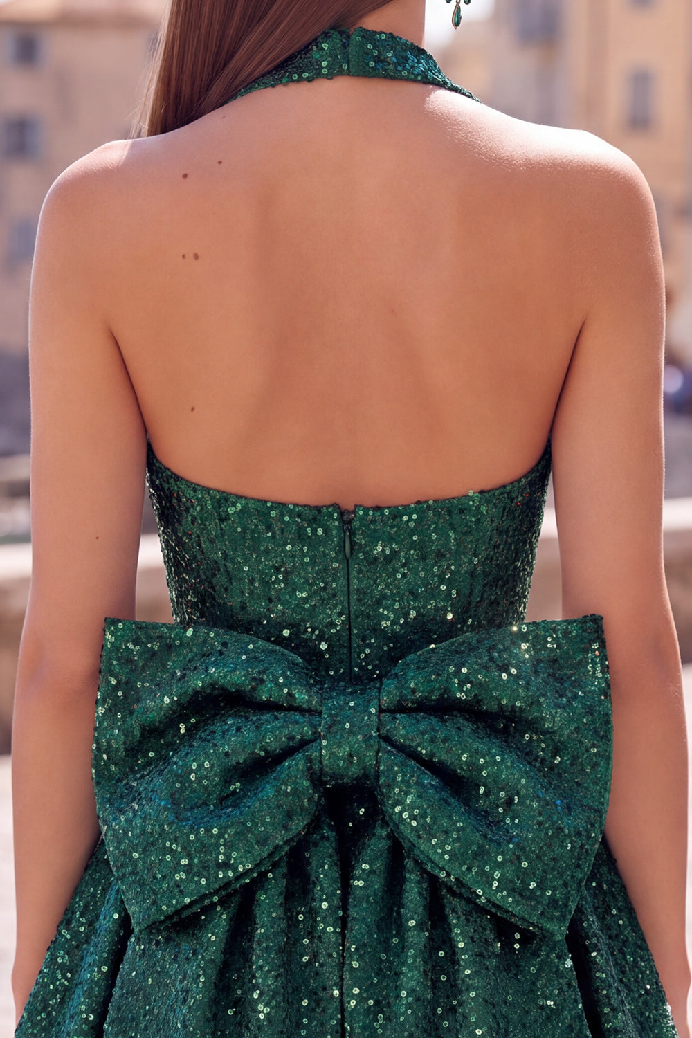 Blue Sparkly Halter A Line Sequin Short Birthday Dress with Bow
