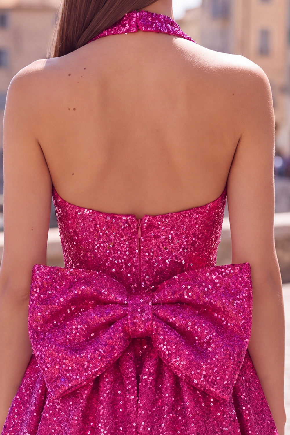 Blue Sparkly Halter A Line Sequin Short Birthday Dress with Bow