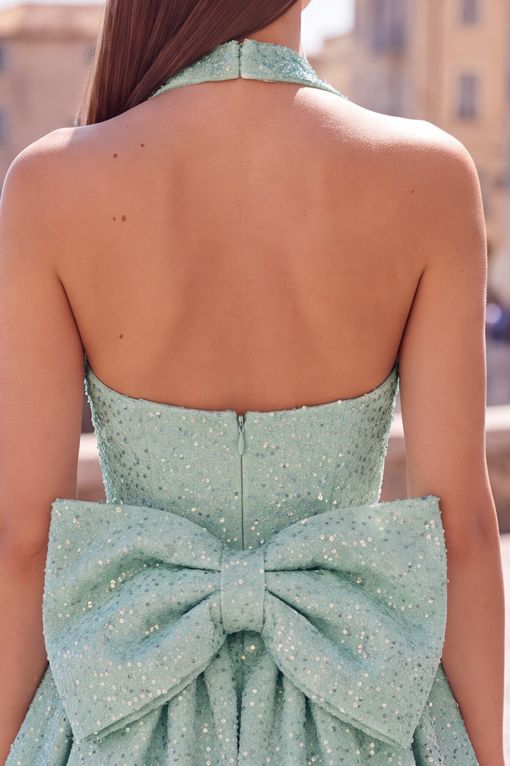 Blue Sparkly Halter A Line Sequin Short Birthday Dress with Bow