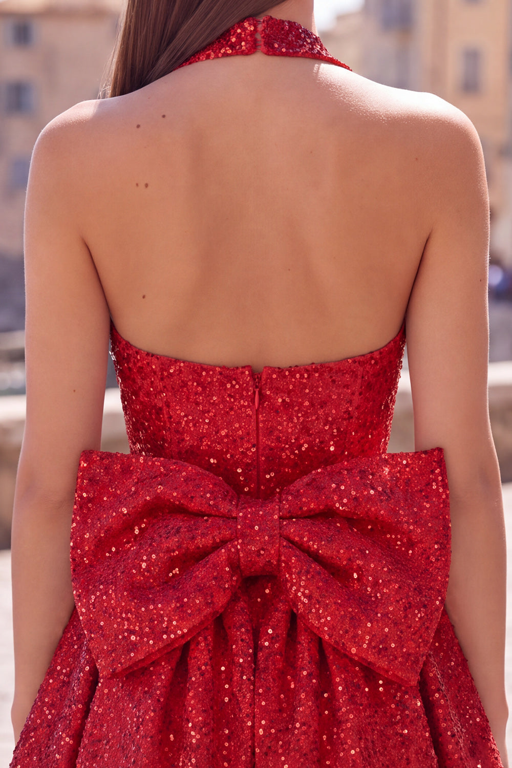 Blue Sparkly Halter A Line Sequin Short Birthday Dress with Bow