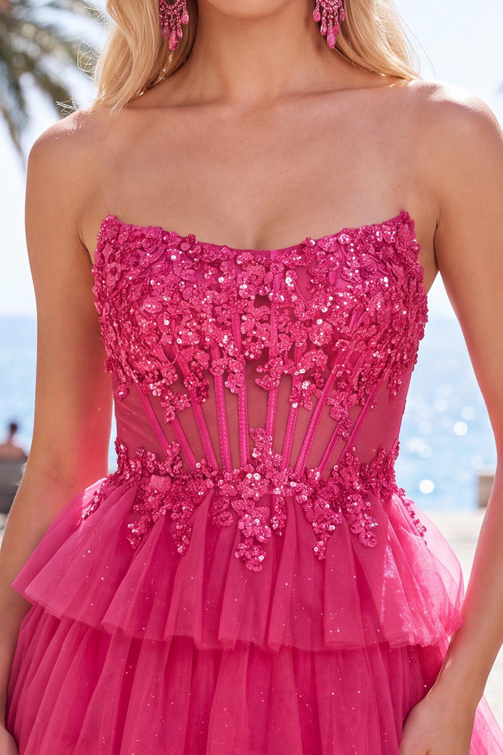 Fuchsia Corset A Line Tiered Short Birthday Dress with Appliques