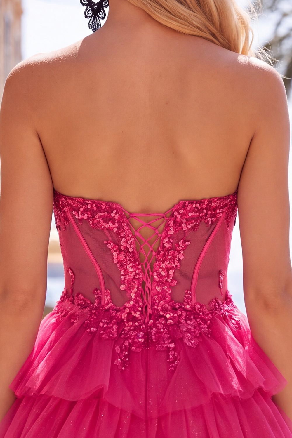 Fuchsia Corset A Line Tiered Short Birthday Dress with Appliques