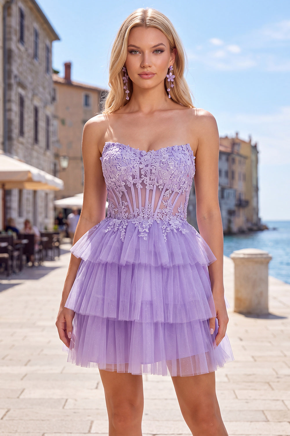 Fuchsia Corset A Line Tiered Short Birthday Dress with Appliques