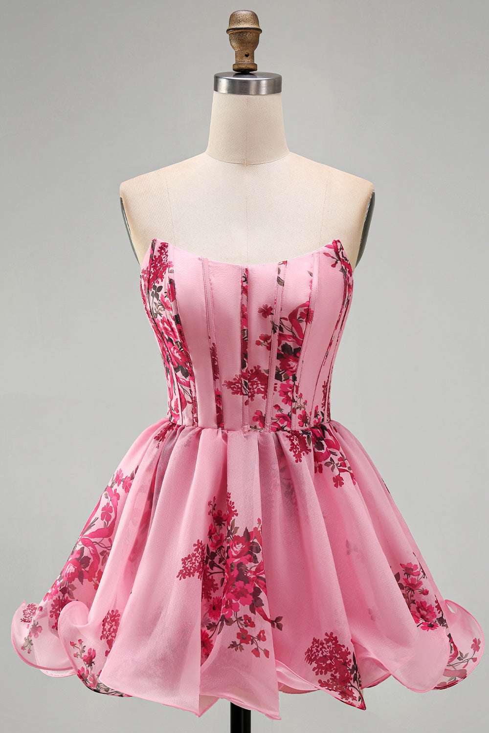 Floral Pink A Line Short Corset Homecoming Dress