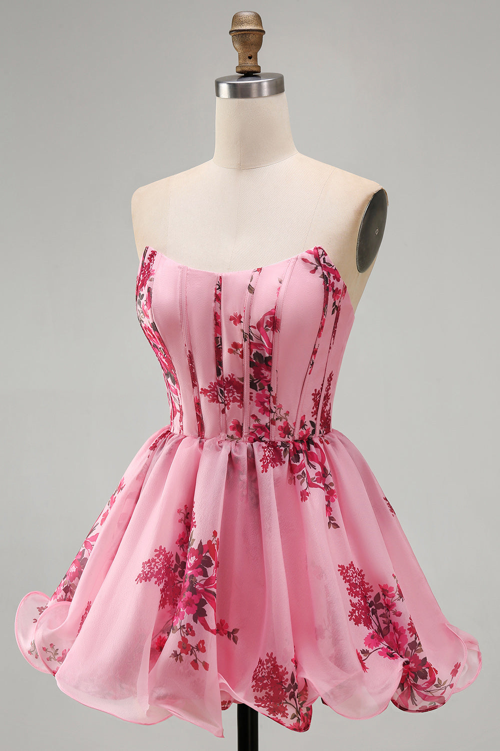 Floral Pink A Line Short Corset Homecoming Dress