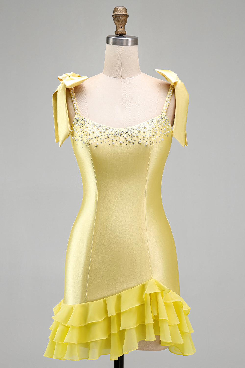 Yellow Tight Short Tiered Bodycon Ruffed Beaded Satin Homecoming Dress with Bows