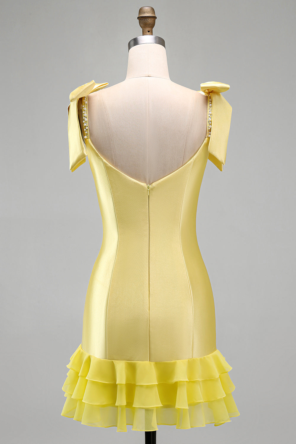 Yellow Tight Short Tiered Bodycon Ruffed Beaded Satin Homecoming Dress with Bows