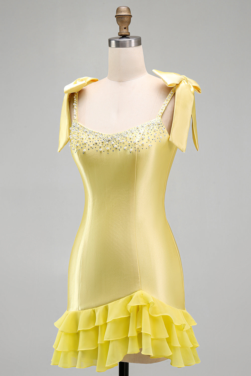 Yellow Tight Short Tiered Bodycon Ruffed Beaded Satin Homecoming Dress with Bows