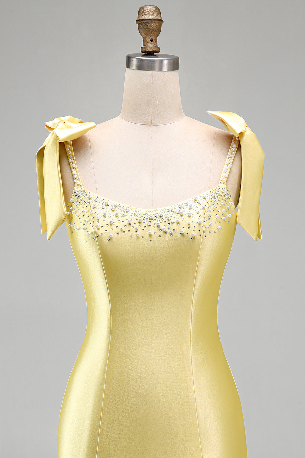 Yellow Tight Short Tiered Bodycon Ruffed Beaded Satin Homecoming Dress with Bows