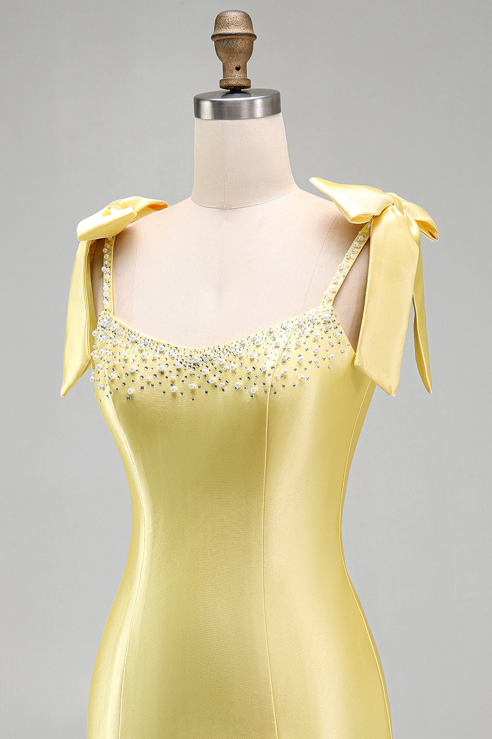 Yellow Tight Short Tiered Bodycon Ruffed Beaded Satin Homecoming Dress with Bows