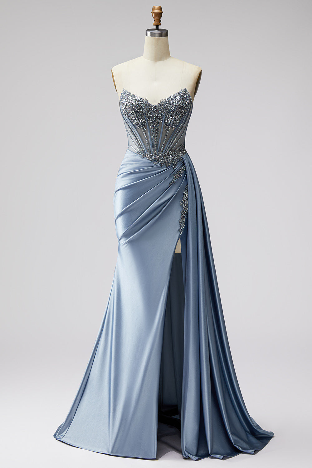 Sparkly Strapless Blue Beaded Corset Long Prom Dress with Side Cape