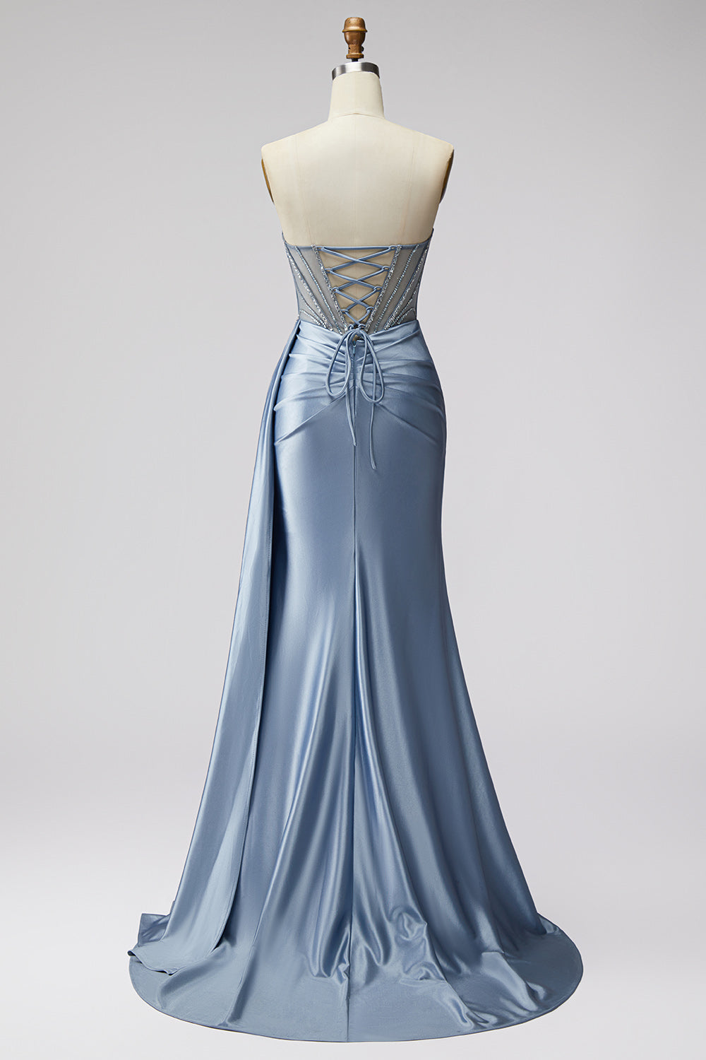 Sparkly Strapless Blue Beaded Corset Long Prom Dress with Side Cape