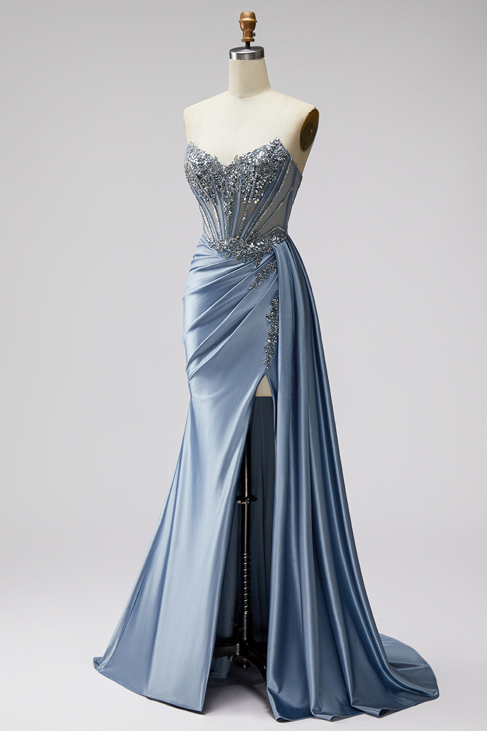 Sparkly Strapless Blue Beaded Corset Long Prom Dress with Side Cape