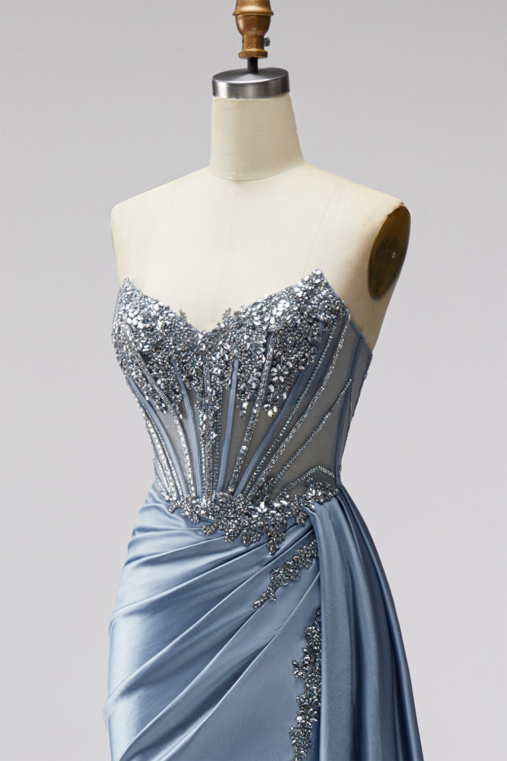 Sparkly Strapless Blue Beaded Corset Long Prom Dress with Side Cape