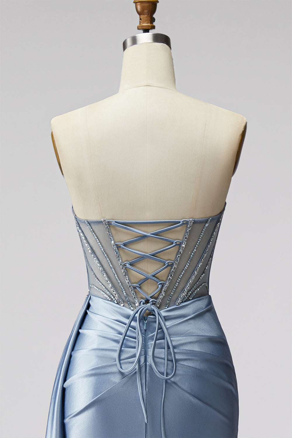 Sparkly Strapless Blue Beaded Corset Long Prom Dress with Side Cape
