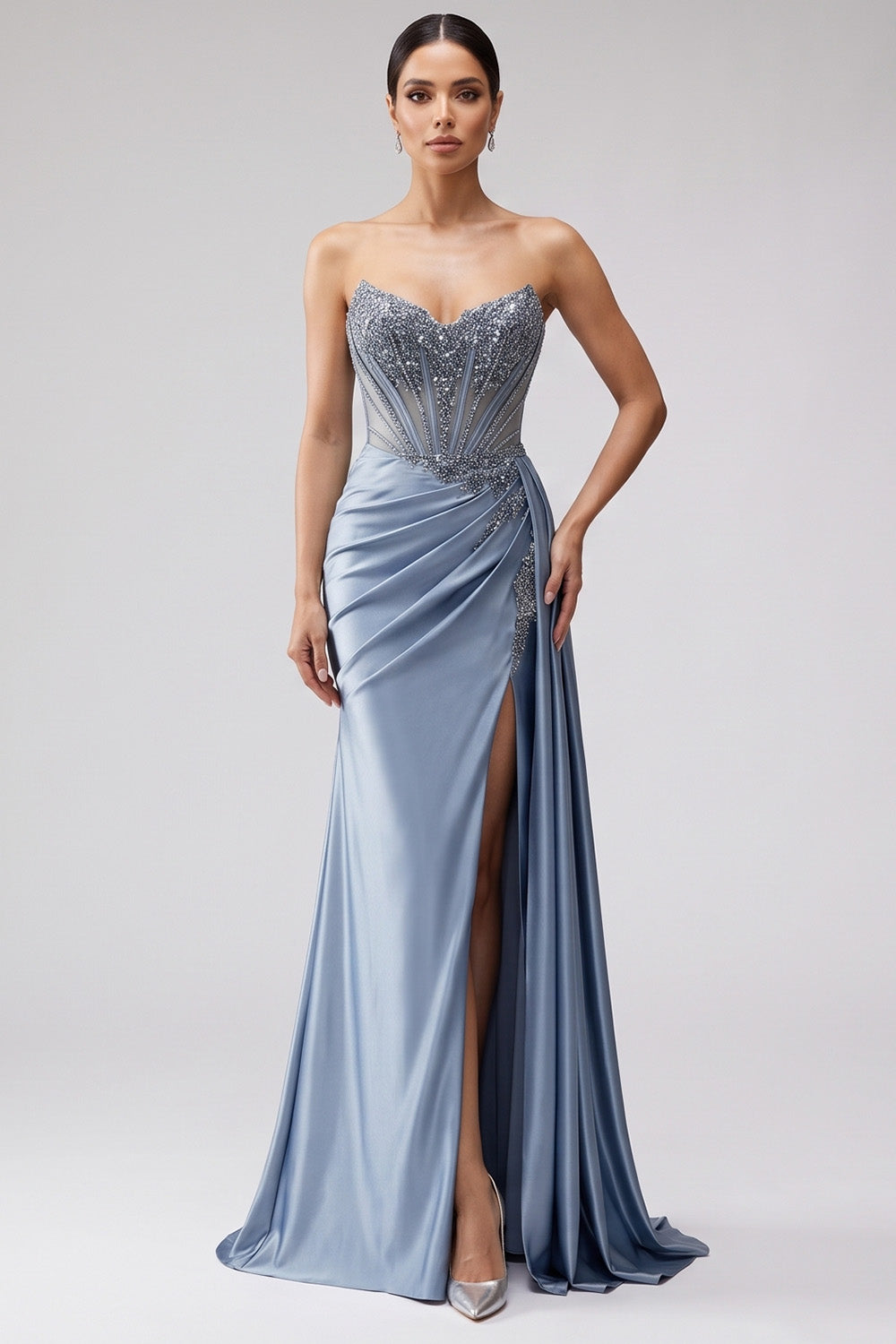 Sparkly Strapless Blue Beaded Corset Long Prom Dress with Side Cape