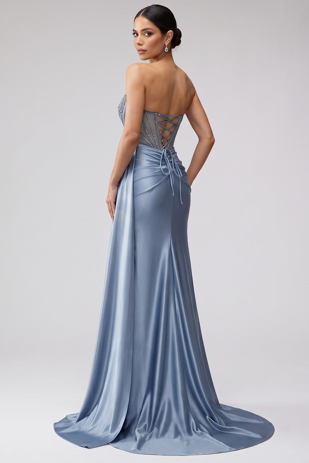 Sparkly Strapless Blue Beaded Corset Long Prom Dress with Side Cape