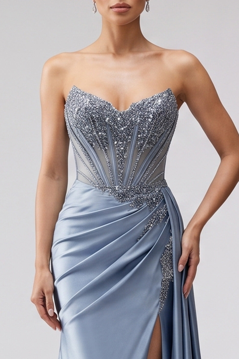 Sparkly Strapless Blue Beaded Corset Long Prom Dress with Side Cape