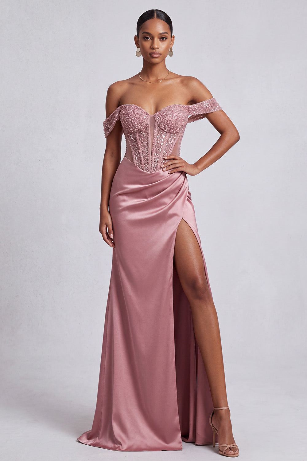 Off the Shoulder Sparkly Corset Dusty Rose Sheath Long Prom Dress with Slit