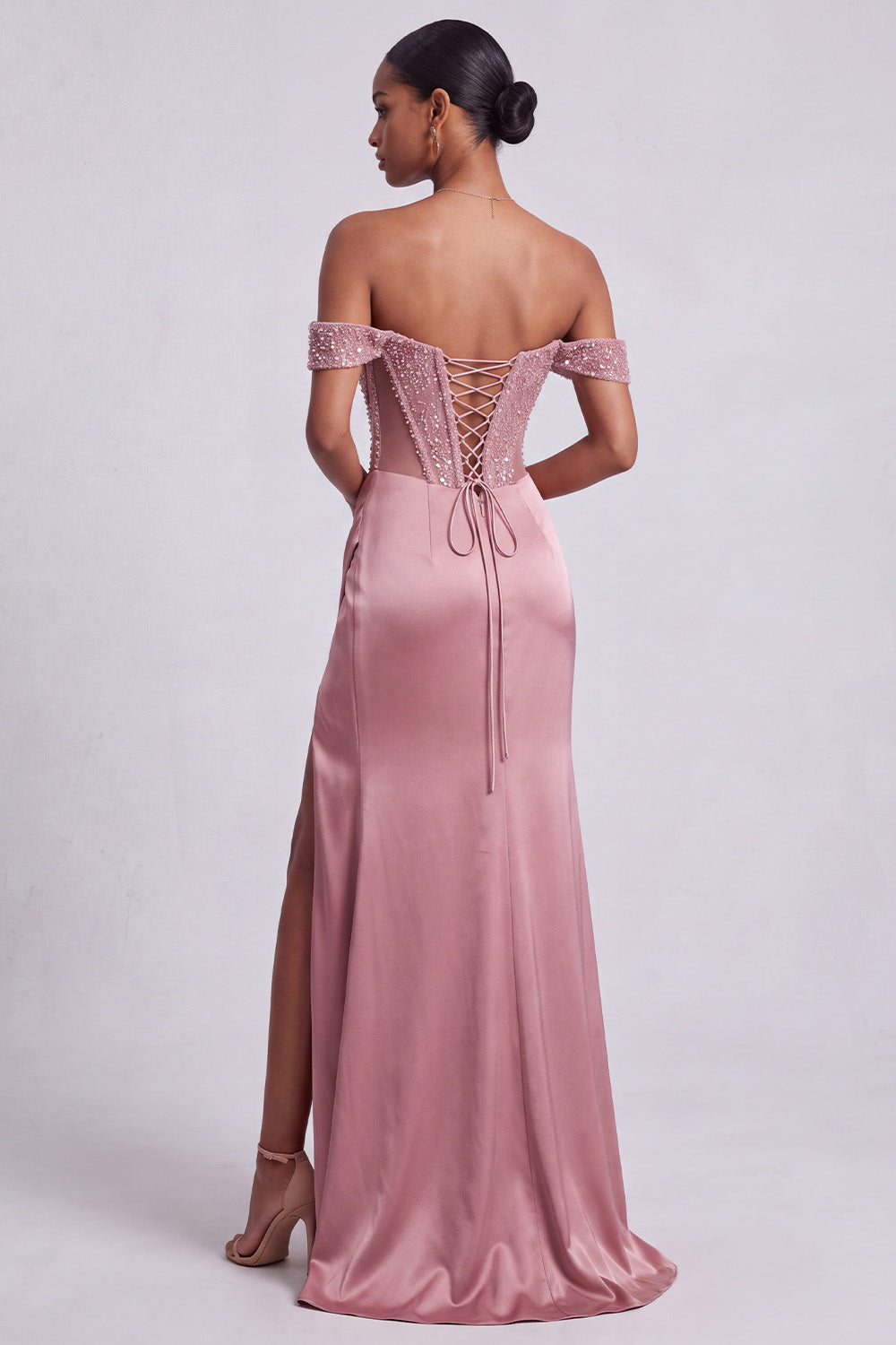 Off the Shoulder Sparkly Corset Dusty Rose Sheath Long Prom Dress with Slit