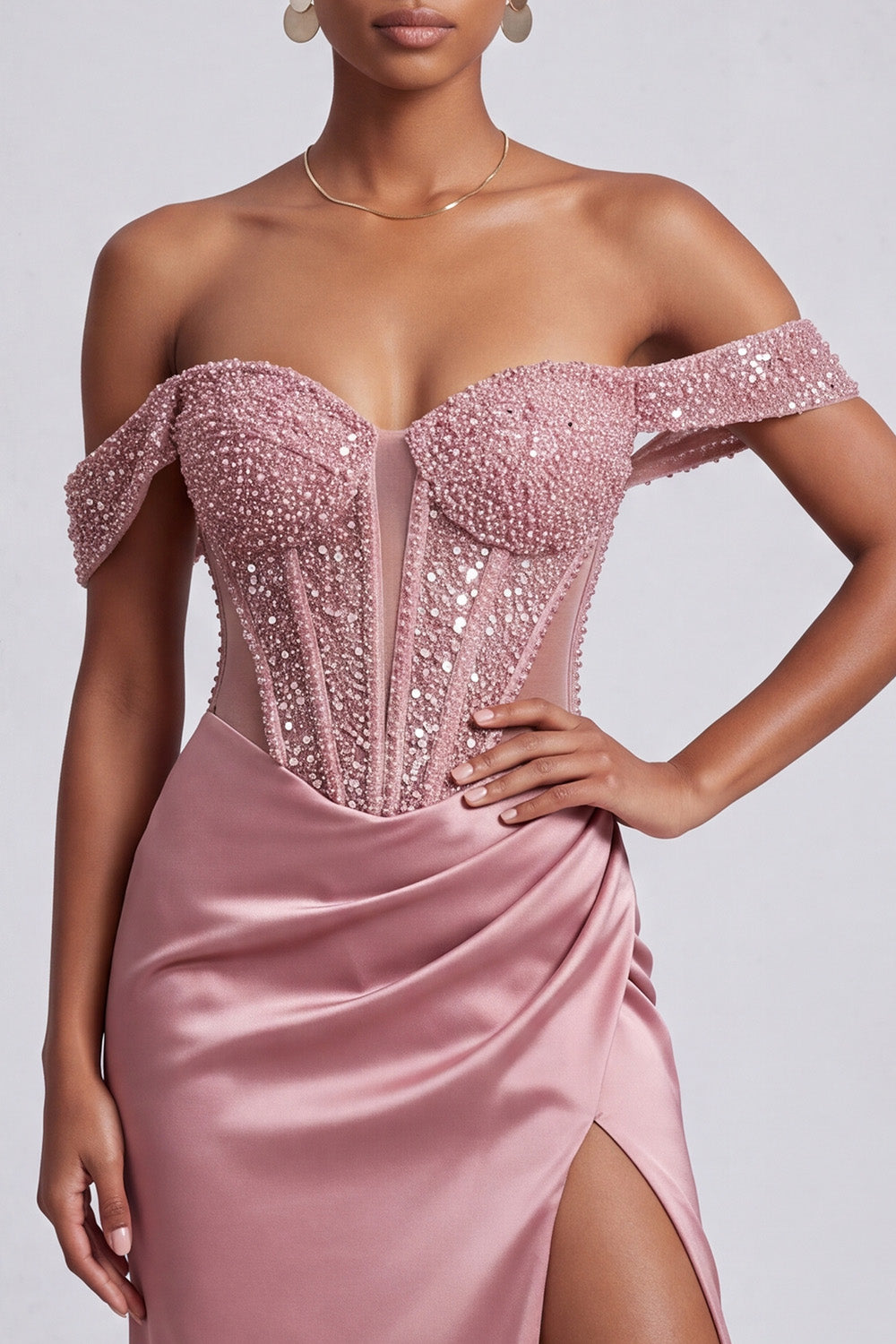 Off the Shoulder Sparkly Corset Dusty Rose Sheath Long Prom Dress with Slit