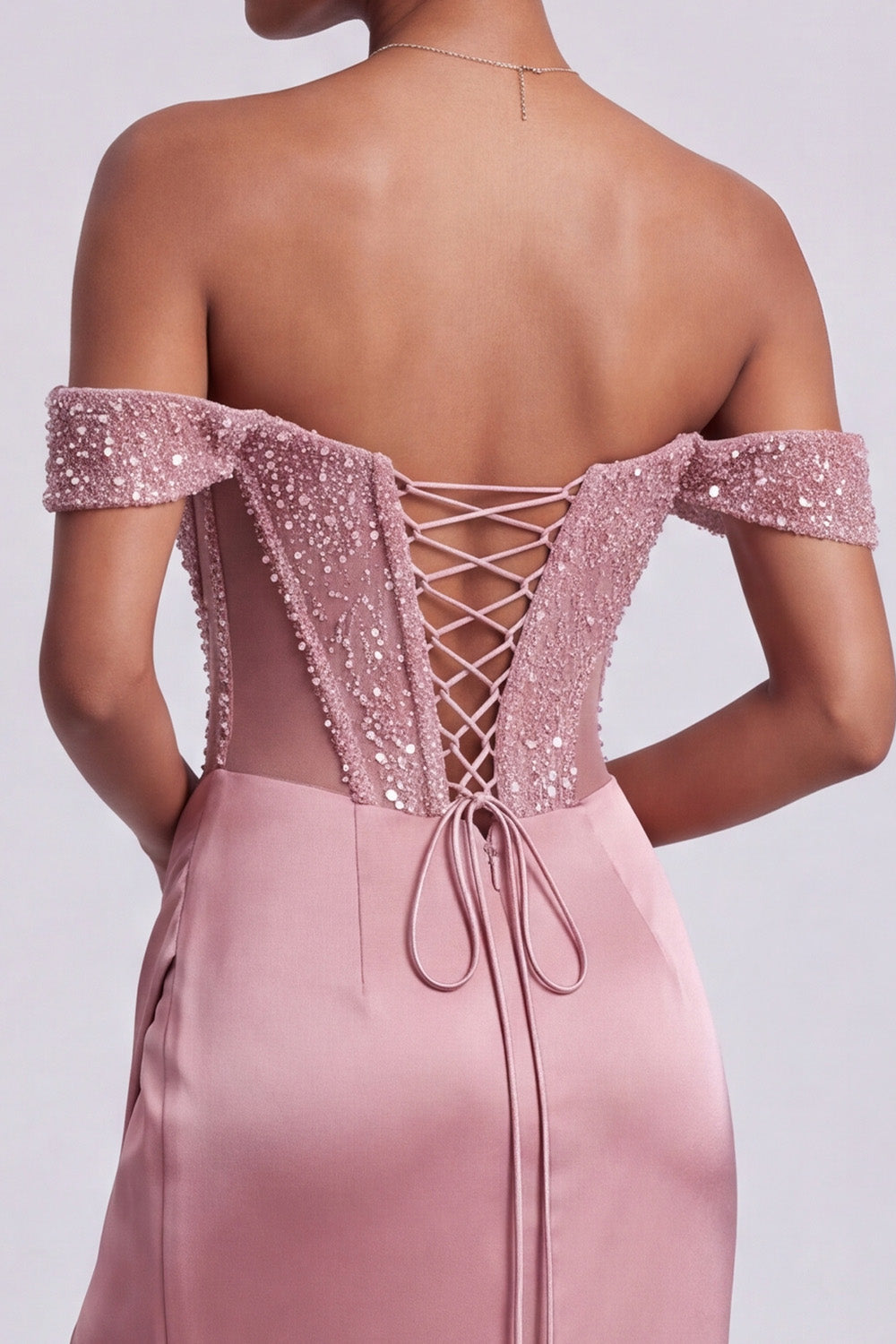 Off the Shoulder Sparkly Corset Dusty Rose Sheath Long Prom Dress with Slit