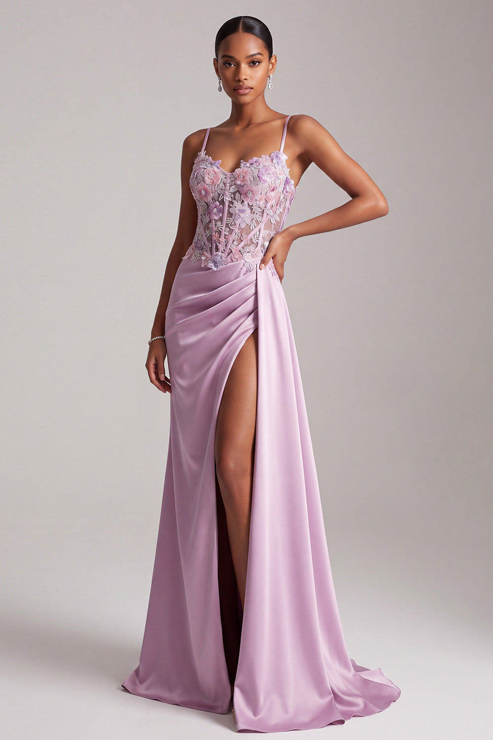 Light Purple Ruched Long Corset Satin Floral Prom Dress with Side Cape