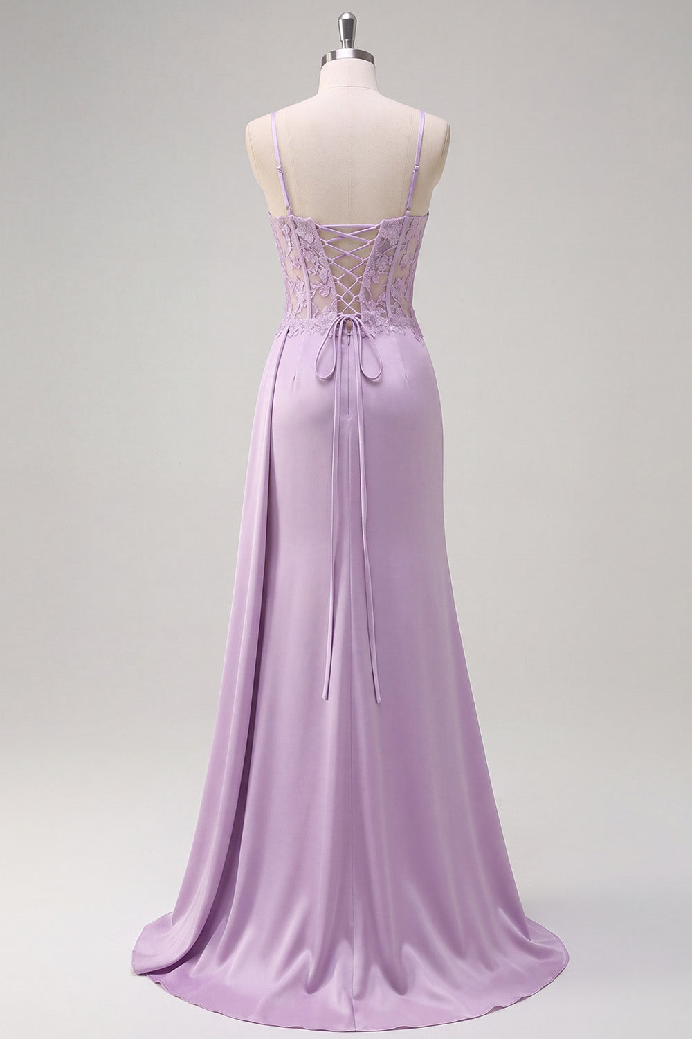 Light Purple Ruched Long Corset Satin Floral Prom Dress with Side Cape