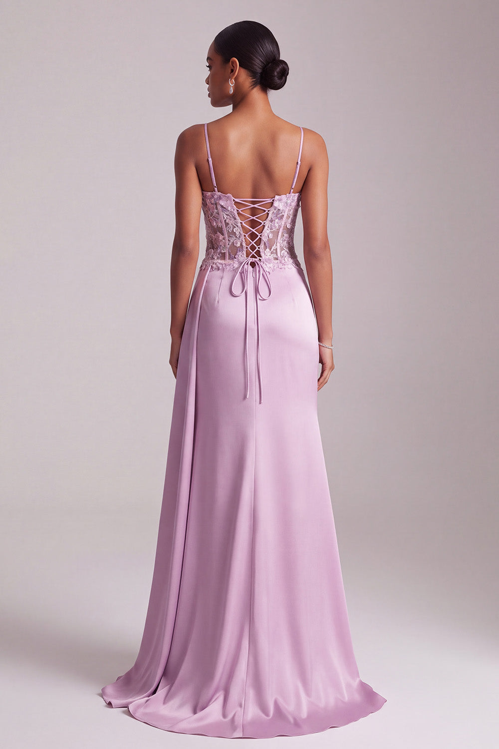 Light Purple Ruched Long Corset Satin Floral Prom Dress with Side Cape