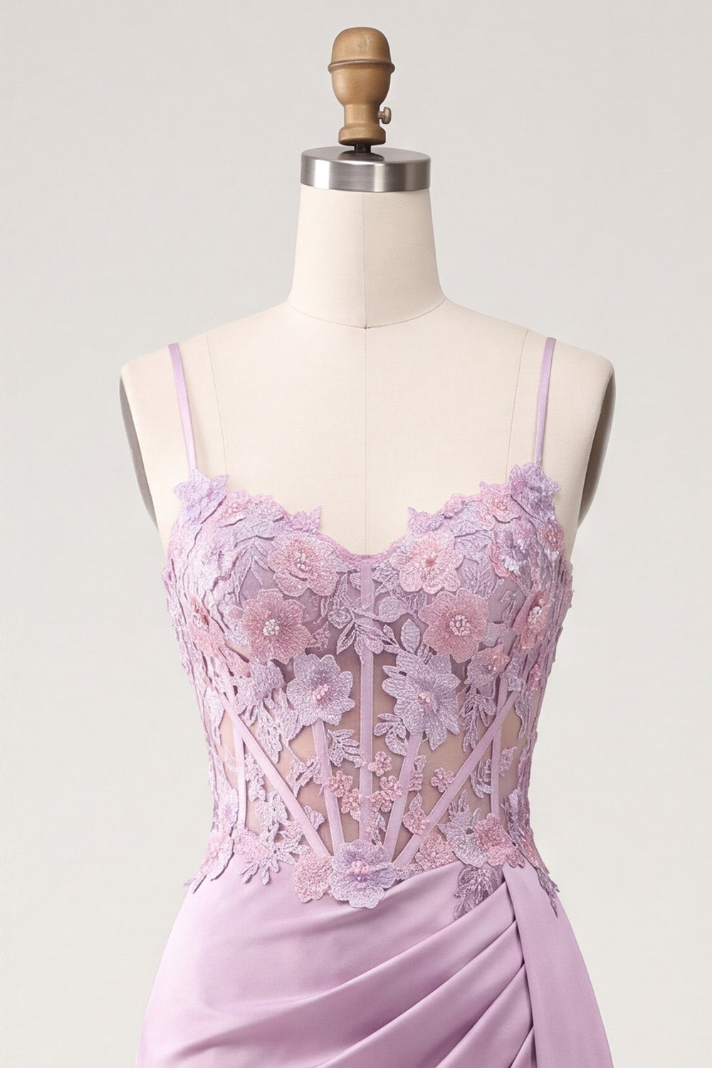 Light Purple Ruched Long Corset Satin Floral Prom Dress with Side Cape