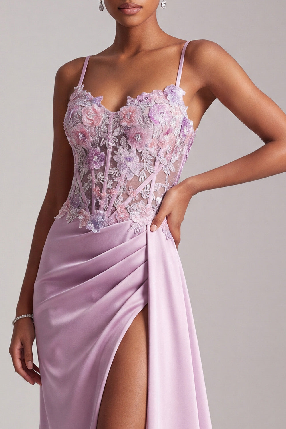 Light Purple Ruched Long Corset Satin Floral Prom Dress with Side Cape