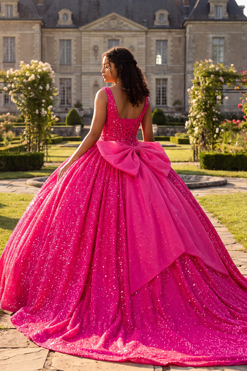 Ball Gown Scoop Neck Fuchsia Sparkly Maxi Quinceanera Dress with Bow