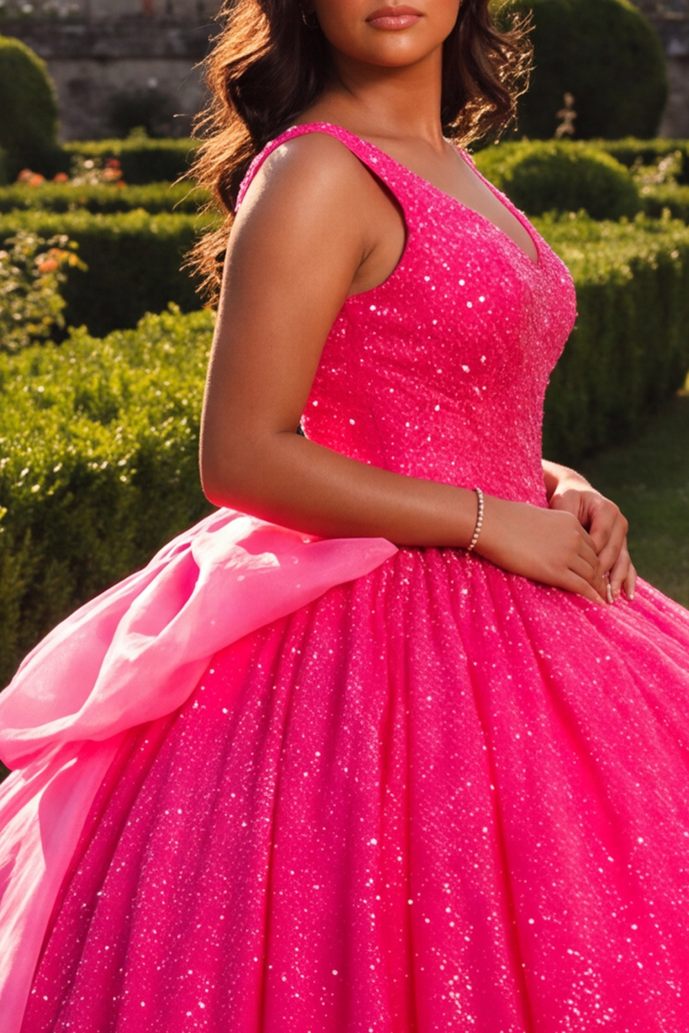 Ball Gown Scoop Neck Fuchsia Sparkly Maxi Quinceanera Dress with Bow