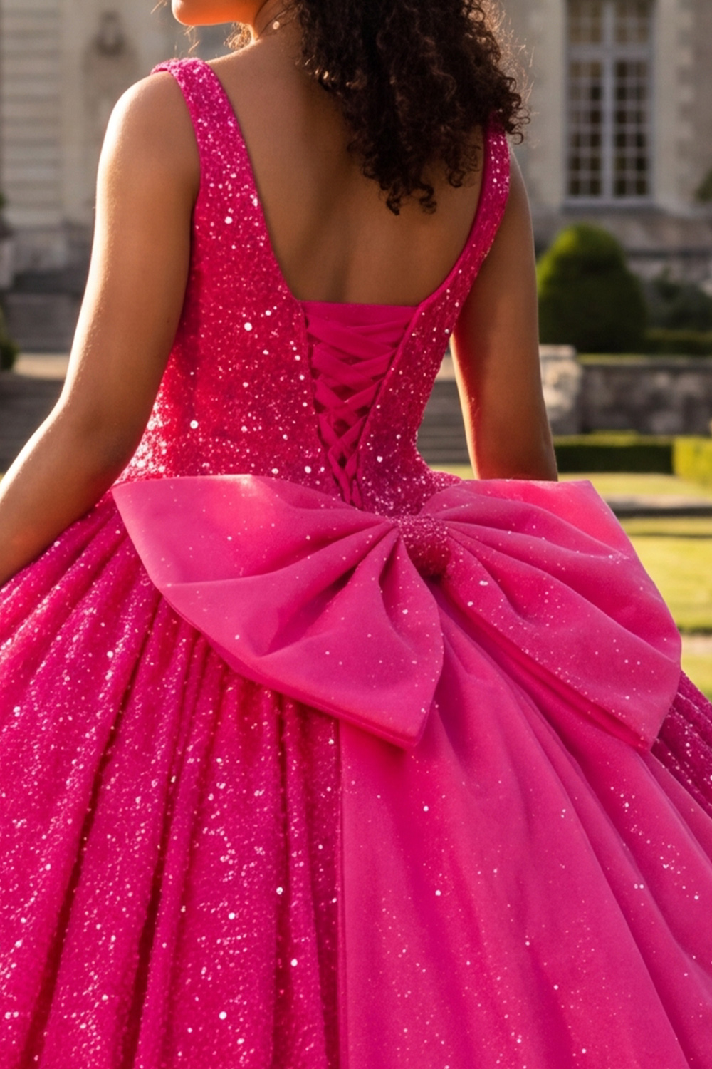Ball Gown Scoop Neck Fuchsia Sparkly Maxi Quinceanera Dress with Bow