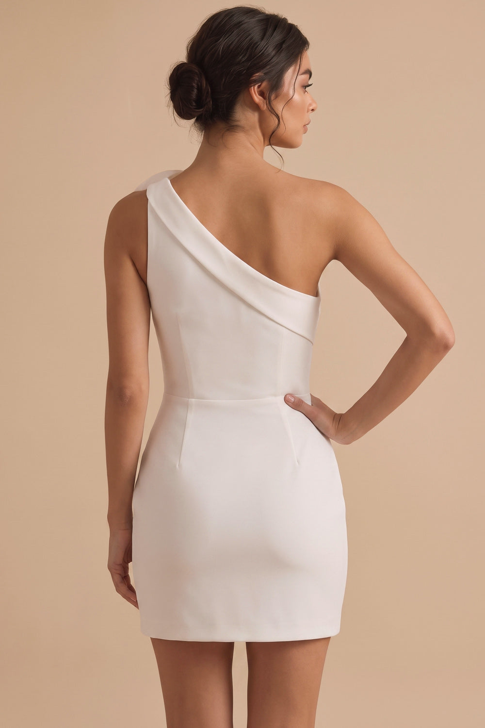 White Floral Satin Short Tight One Shoulder Birthday Dress with 3D Flower