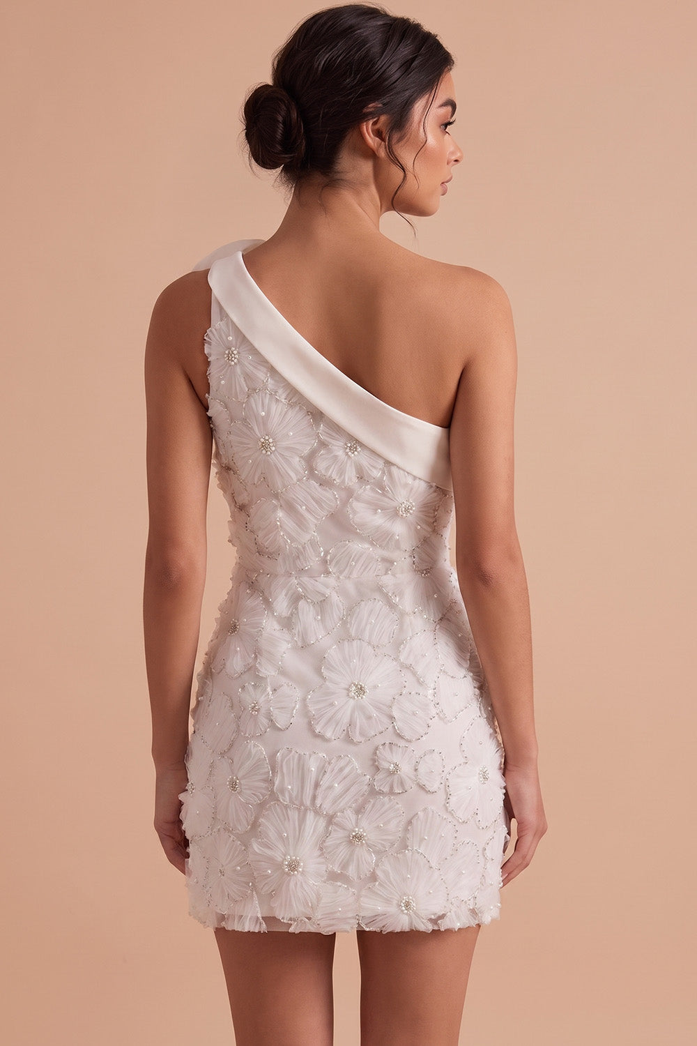 White Floral Satin Short Tight One Shoulder Birthday Dress with 3D Flower
